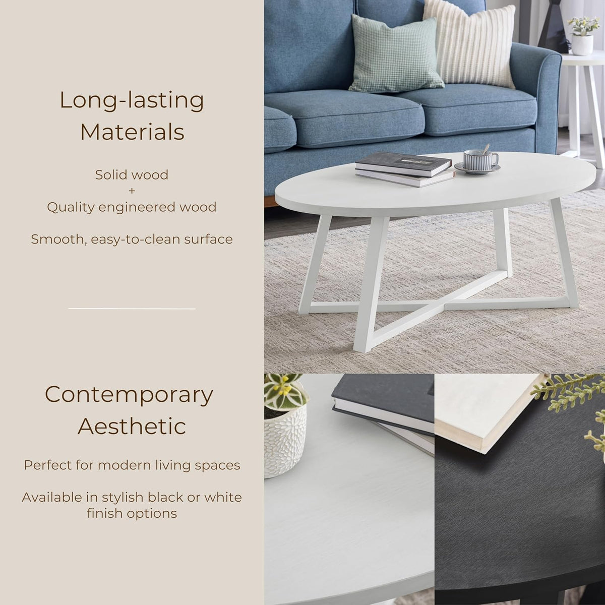 Roundhill Furniture Modern Harmony Wood Oval Coffee Table, White