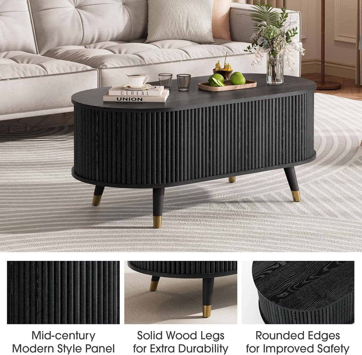 Jiansu furni Lift Top Coffee Table with Storage,42.5' Oval Coffee Table with Hidden Compartment & Solid Wood Legs,Modern Fluted Center Table for Living Room,Home Office,Black