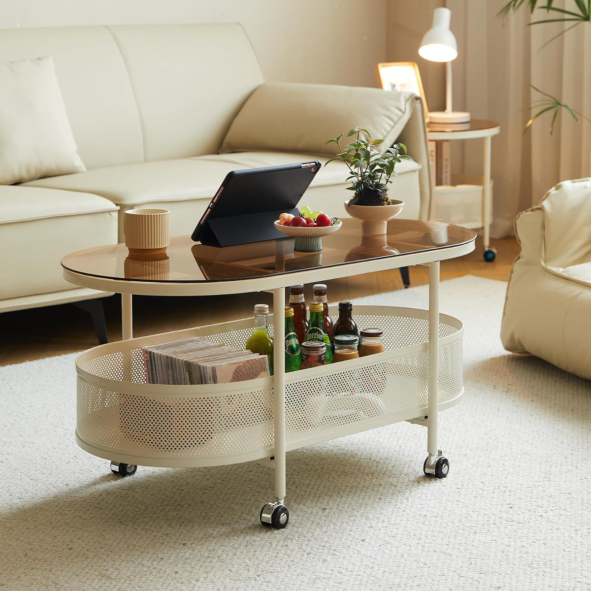 Movable Oval Coffee Table with Tempered Brown Glass and Storage, 35'' x 17'' Stylish Functional Metal & Glass Tea Table for Living Room