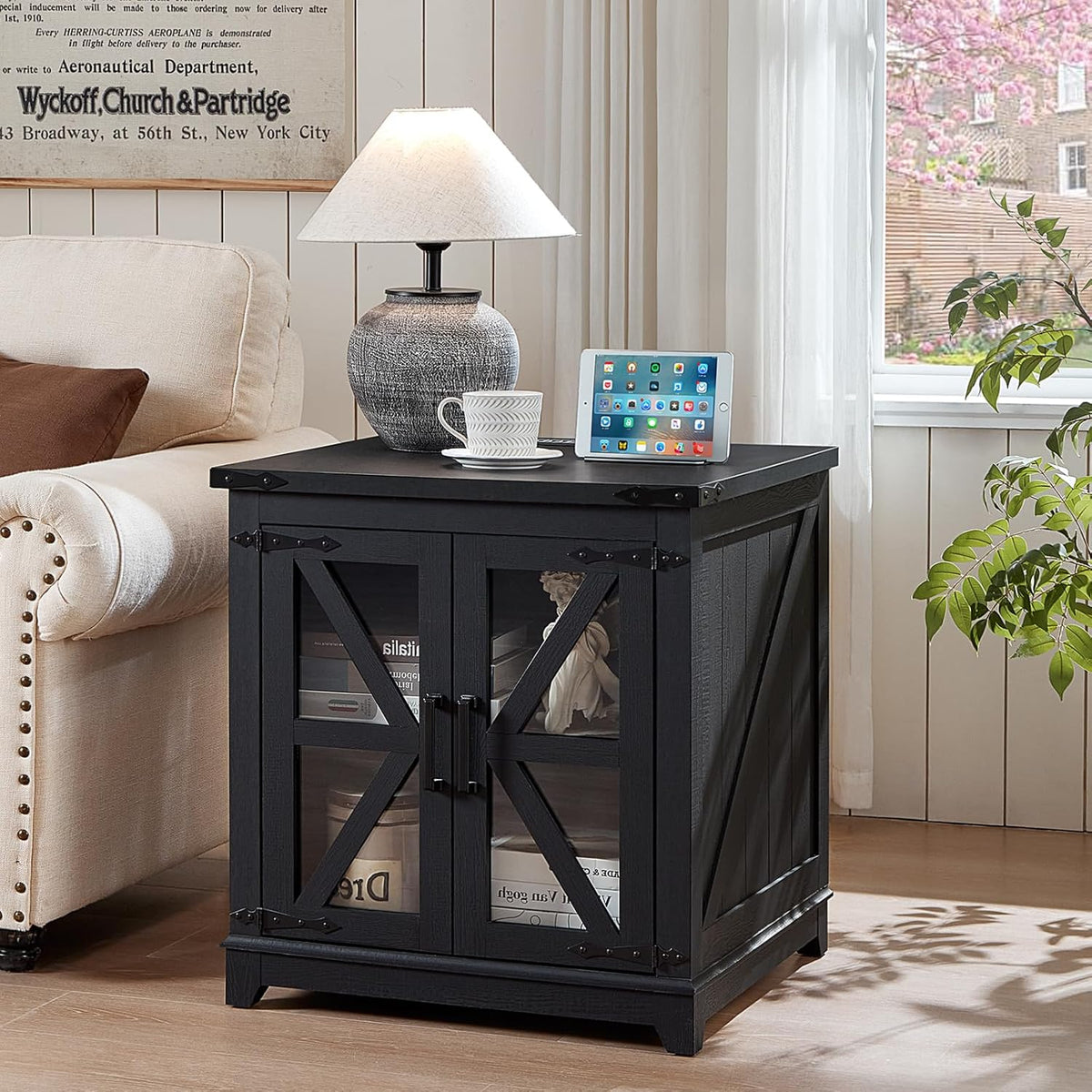 Joaxswe Farmhouse End Table with Charging Station Set 2, 24' Large Sofa Side Table with Glass Barn Door, Nightstand with Adjustable Storage Shelf,Wood Square Bedside Table for Living Room,Bedroom