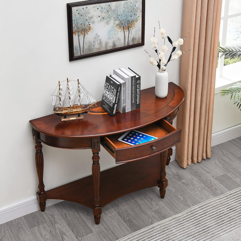 Solid Wood Semi-Circle Sofa Table with Drawer, 45.3' Traditional Living Room Console Table with Open Bottom Shelf 2-Tier Vintage Elliptical Entry Table for Home Office,Cherry Walnut SFZ1533