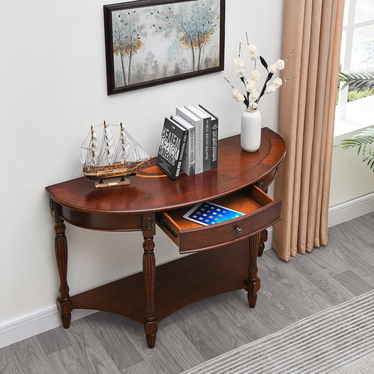 Solid Wood Semi-Circle Sofa Table with Drawer, 45.3' Traditional Living Room Console Table with Open Bottom Shelf 2-Tier Vintage Elliptical Entry Table for Home Office,Cherry Walnut SFZ1533