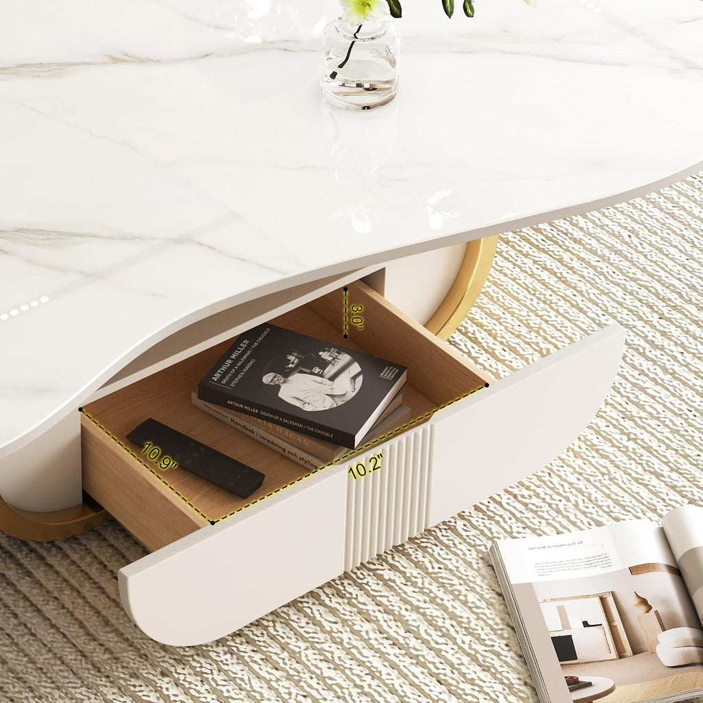 SSLine Modern Cloud Coffee Table Luxury Sintered Stone Top Coffee Table with Sculptural Geometric Stainless Steel Base and Storage Drawer,White Marble Grain Center Table for Living Room,Gold