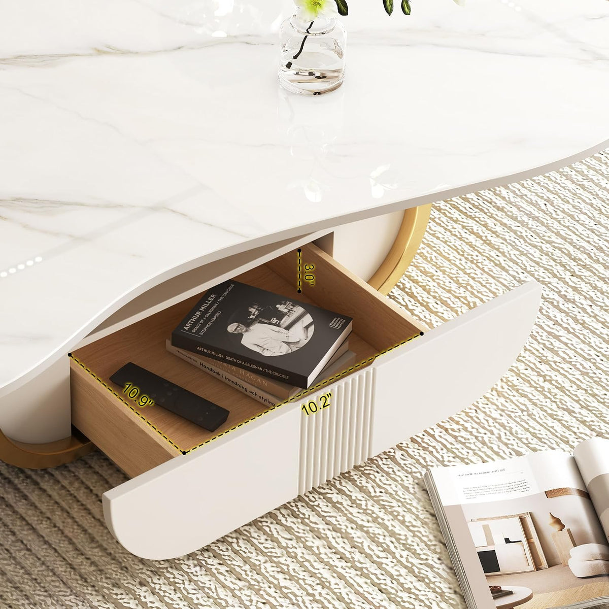 SSLine Modern Cloud Coffee Table Luxury Sintered Stone Top Coffee Table with Sculptural Geometric Stainless Steel Base and Storage Drawer,White Marble Grain Center Table for Living Room,Gold