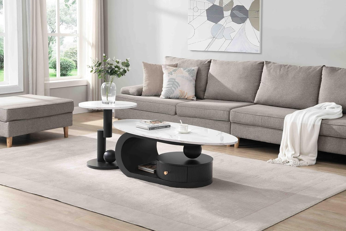 SSLine Luxury Nesting Coffee Table Set with Black Base Modern Faux Marble Living Room Table Set of 2 Include Oval Coffee Table with Drawer and End Table for Living Room Bedroom