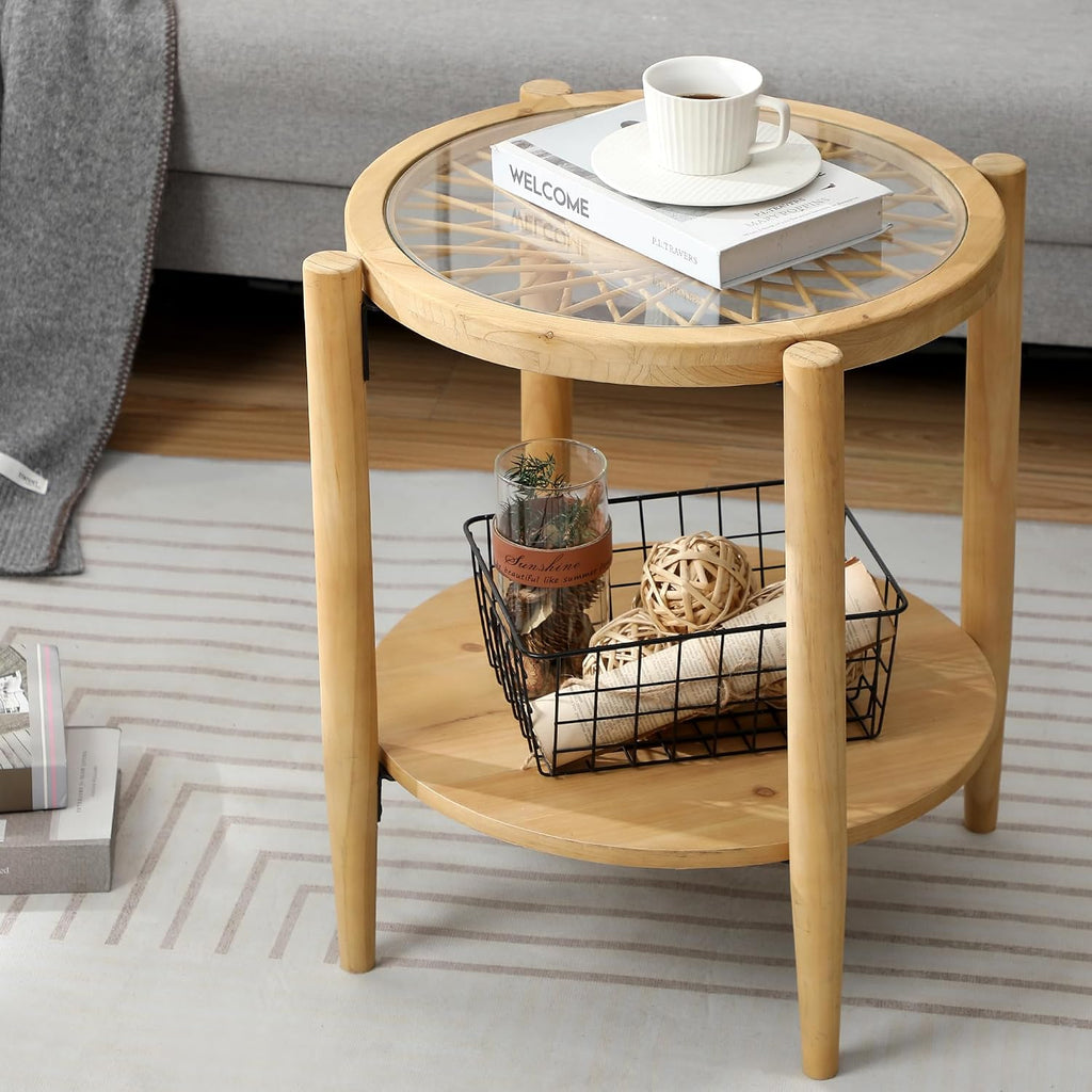 RUSTOWN Rattan Coffee Table Set of 3, Boho Living Room Table Set Includes Oval Coffee Table & 2 End Tables, 3-Piece Accent Sofa Side Tables Set with Rattan & Tempered Glass Top (Natural)