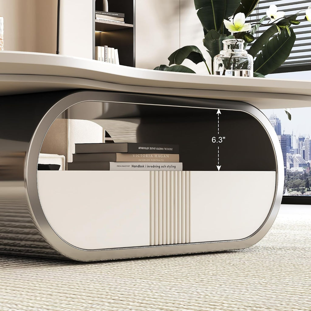 SSLine Modern Cloud Coffee Table Luxury Sintered Stone Top Coffee Table with Sculptural Geometric Stainless Steel Base and Storage Drawer,White Marble Grain Center Table for Living Room,Grey