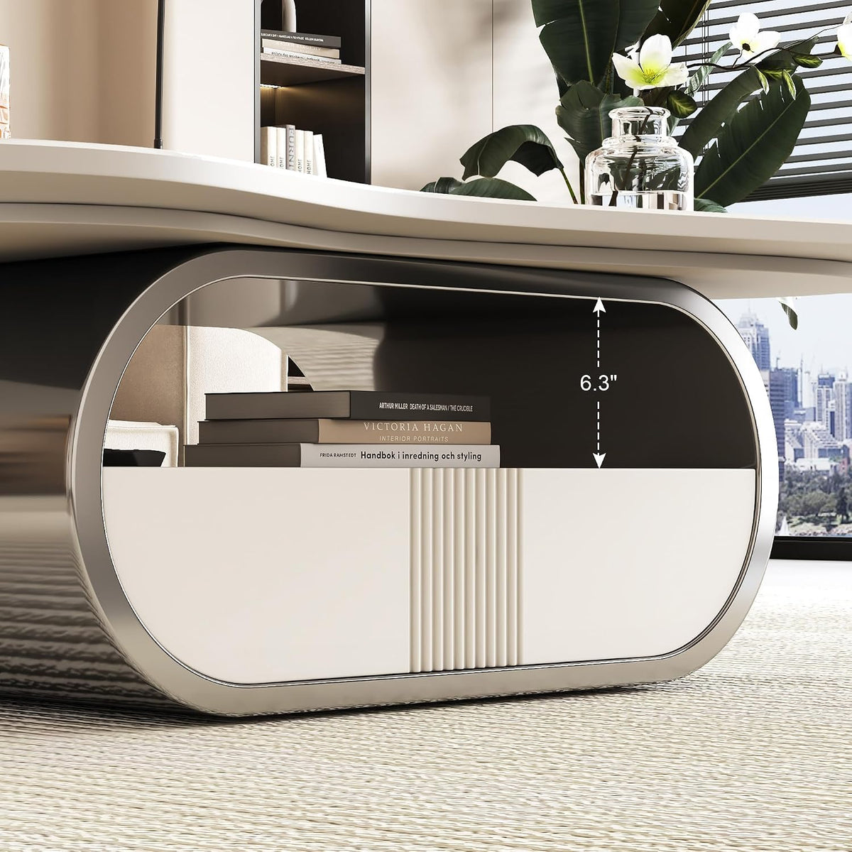 SSLine Modern Cloud Coffee Table Luxury Sintered Stone Top Coffee Table with Sculptural Geometric Stainless Steel Base and Storage Drawer,White Marble Grain Center Table for Living Room,Grey