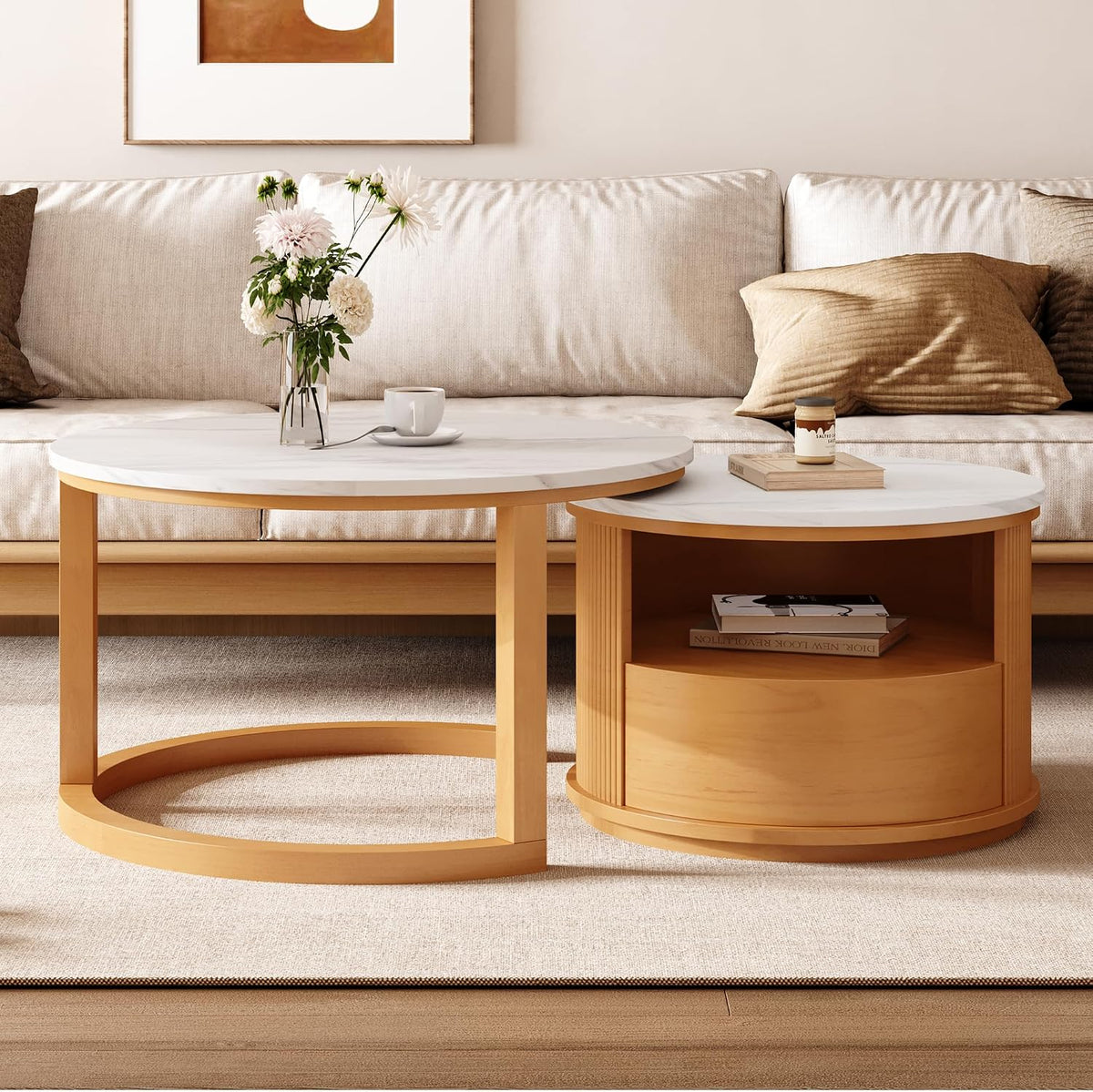 28.5' Natural Nesting Coffee Table Set of 2, Vintage Round Coffee Table for Living Room with 2-Tier Storage and 1 Drawer White Marble Top End Side Table for Bedroom
