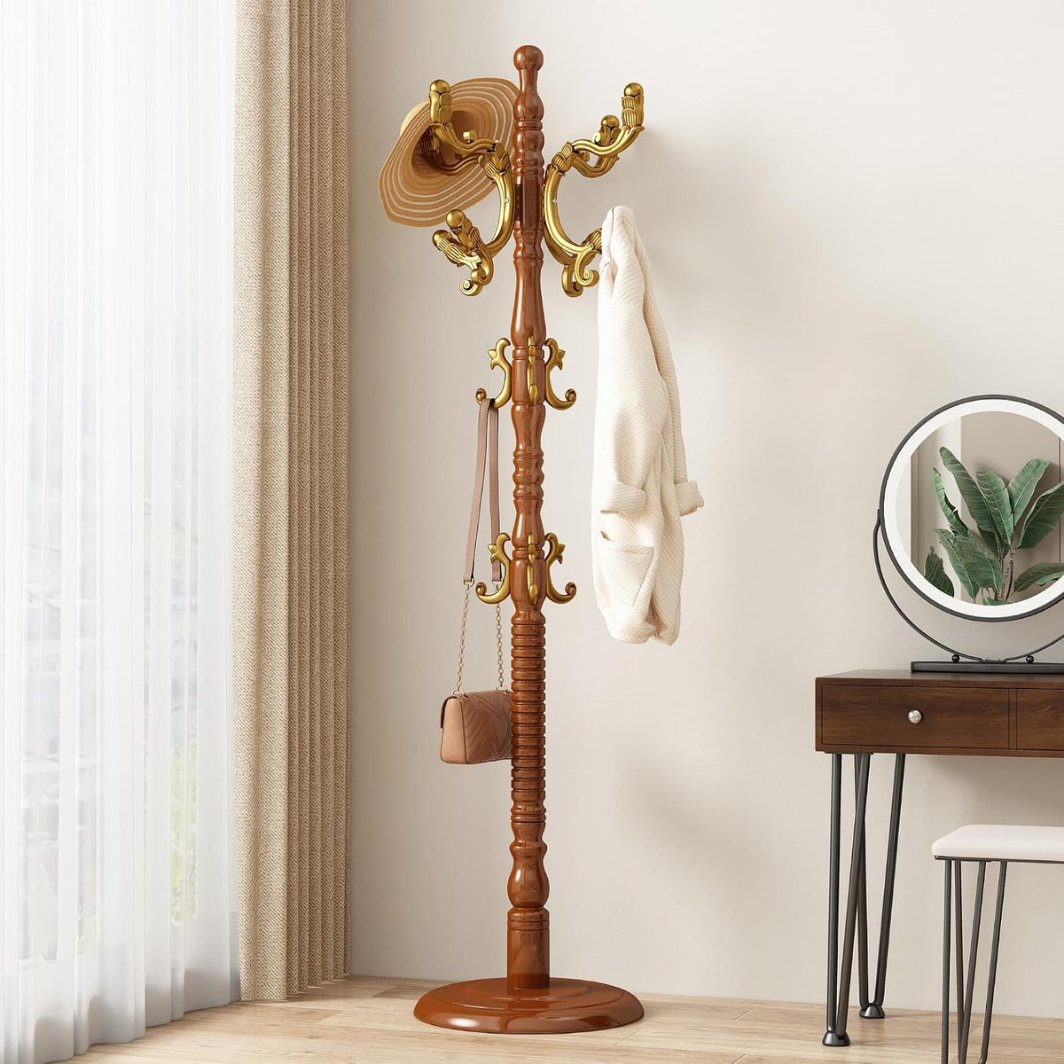 Wood Coat Rack Stand Wooden Coat Rack Freestanding Hall Coat Tree with Sturdy Round Base and 14 Hooks for Hats Bags Purses Vintage Coat Tree Hanger Stand for Entryway Hallway Bedroom, Begonia