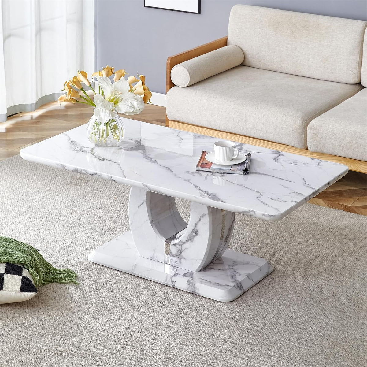 LKTART Rectangle Coffee Table for Living Room, Imitation Marble Coffee Tables with Storage, Modern Stable Base Center Tea Table for Dining Room Small Space Apartment (43.3''L×22.4''W-White)