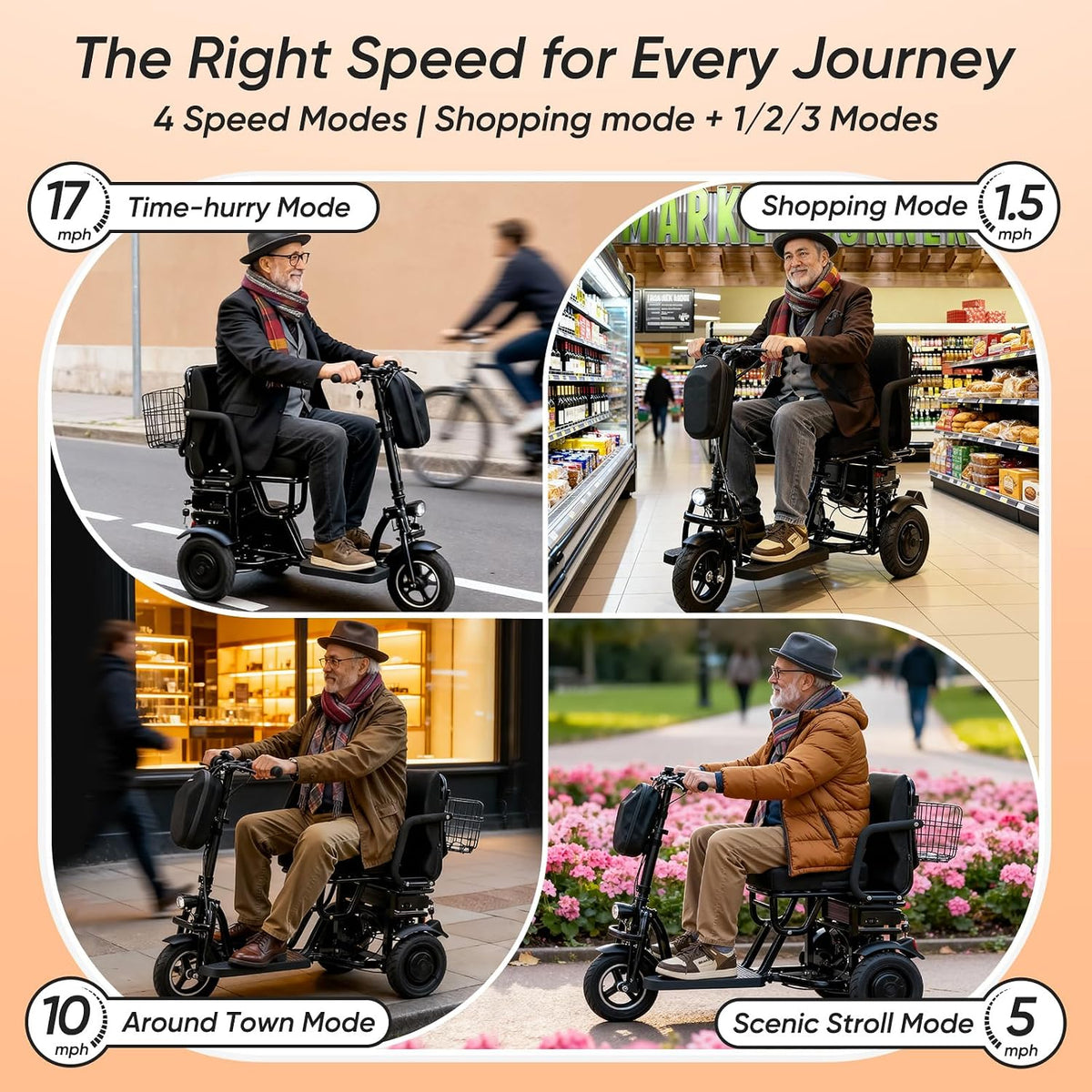3 Wheel Mobility Scooter for Seniors Adults 300lbs 700W 48V10AH Basic + 48V6AH Airline Approved Battery Folding Handicap Scooter Elderly Collapsible Electric Mobility Scooters Foldable