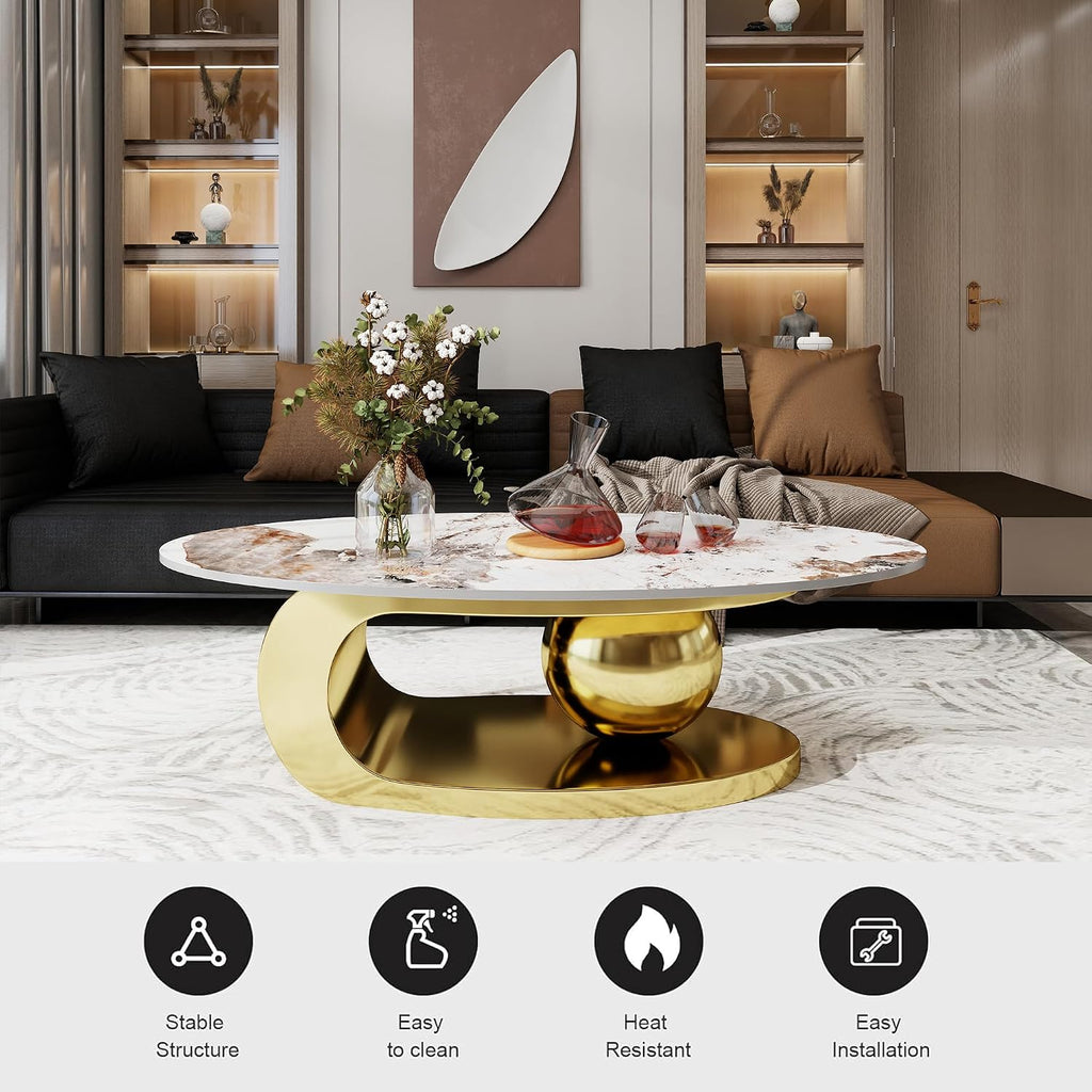 Modern Coffee Table Marble Top,Oval Coffee Table for Living Room,White Center Table with Stainless Steel Base Gold Base for Home,Office