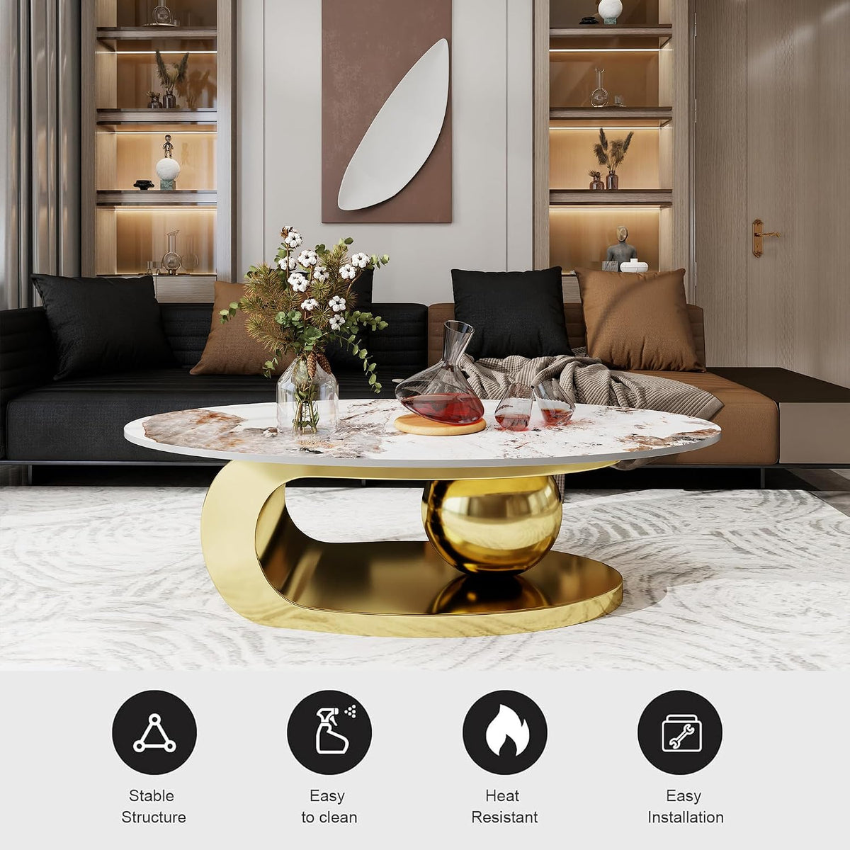 Modern Coffee Table Marble Top,Oval Coffee Table for Living Room,White Center Table with Stainless Steel Base Gold Base for Home,Office
