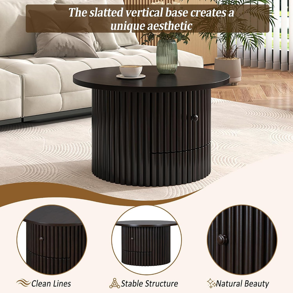Round Coffee Table for Living Room in Dark Brown, Farmhouse Coffee Table with a Drawer, Center Table with Vertical Slat Base in 30.5'