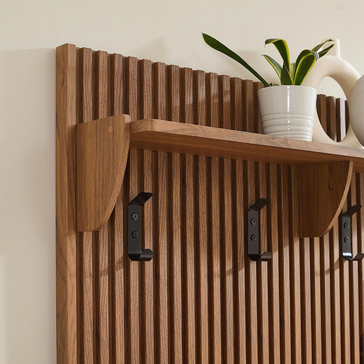 Modway Render Modern Fluted Wood Coat Rack Panel in Walnut with Shelf and Hooks – Wall-Mounted Entryway Organizer for Hallway, Mudroom, or Foyer