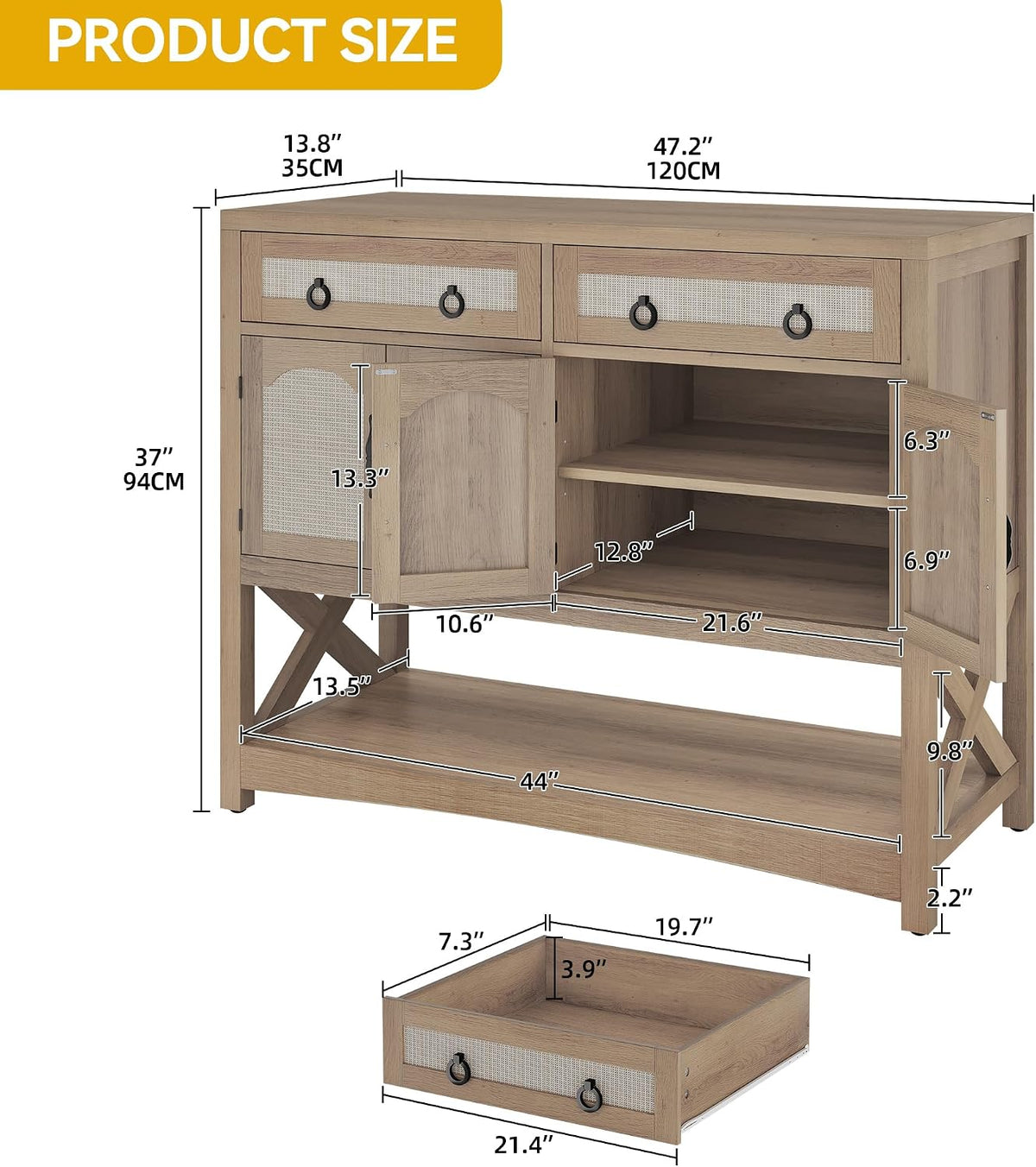 DWVO 47.2' Rattan Buffet Sideboard Cabinet with Storage, Farmhouse Coffee Bar Cabinet w/2 Drawers, 4-Doors Console Table with Adjustable Shelves for Kitchen, Dining Room, Living Room, Entryway (Oak)
