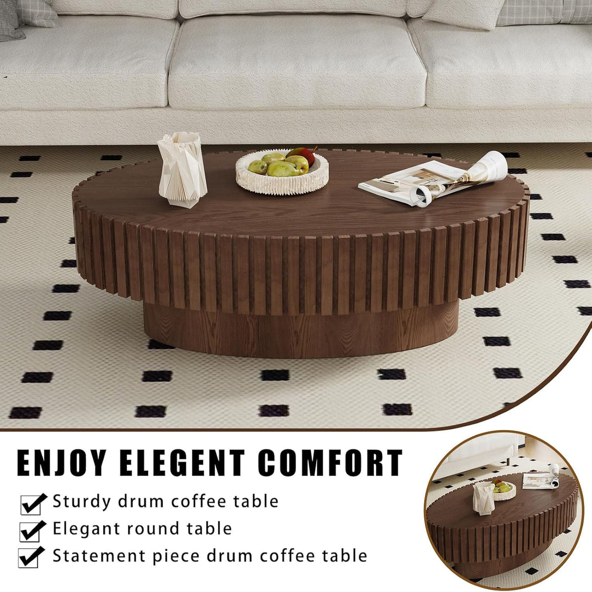 Handcrafted Oval Fluted Coffee Table, Modern Mid Century Minimalist Elegant Drum Oval Coffee Table with Sturdy Pedestal for Living Room Apartment (L)