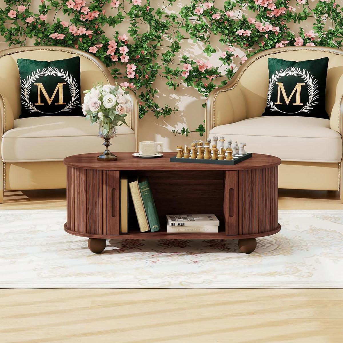 40' Walnut Oval Coffee Table with Storage, Mid Century Modern Coffee Table with Sliding Tambour Door,Wood Center Table for Living Room, Reception Room, Entertainment Room, Courtyard