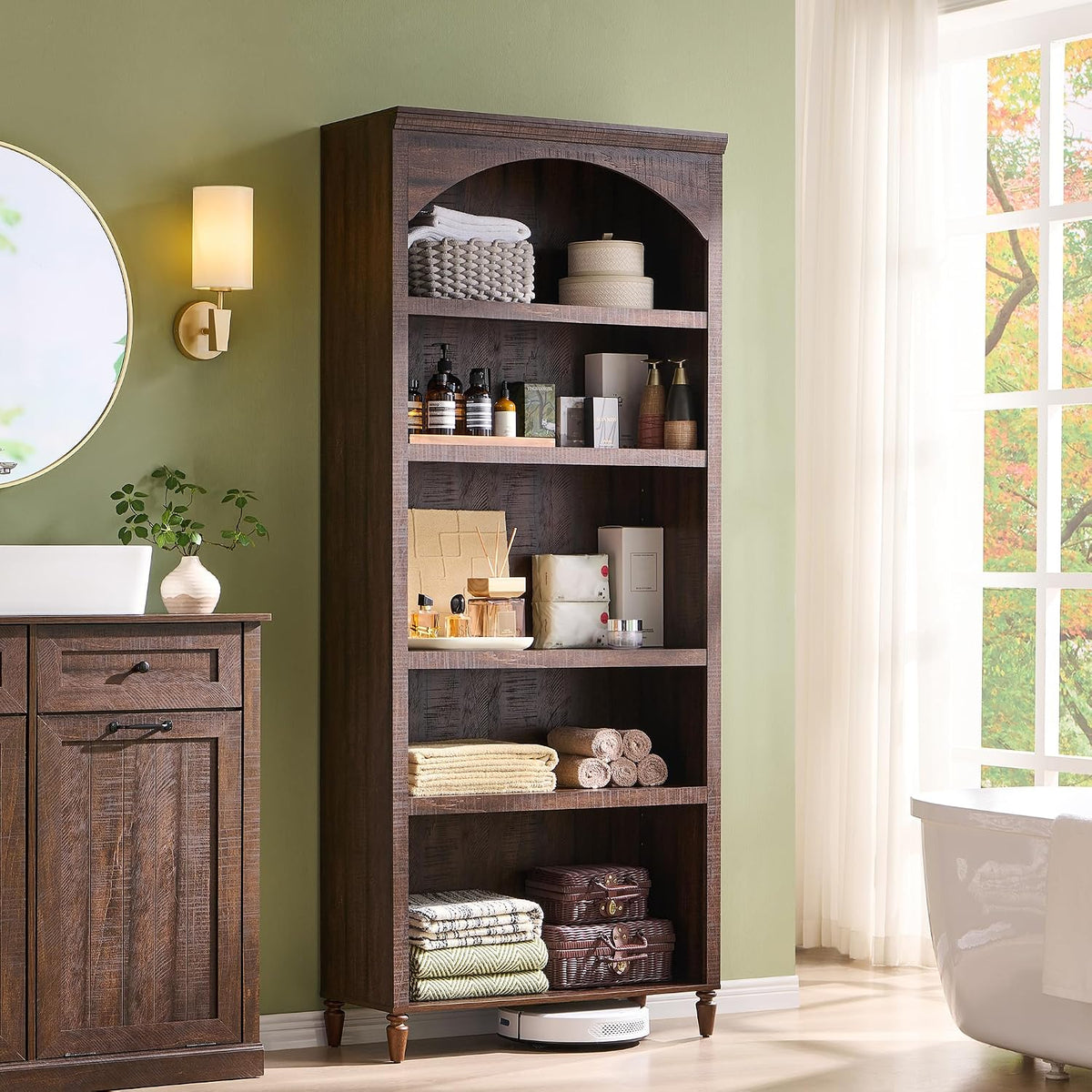 IFGET 76' Tall Arched Bookcase, Farmhouse 5 Tiers Large Arched Bookshelf Cabinet with Adjustable Shelves, Modern Wooden Book Shelf w/Storage and Open Display Shelves for Living Room, Office-Brown