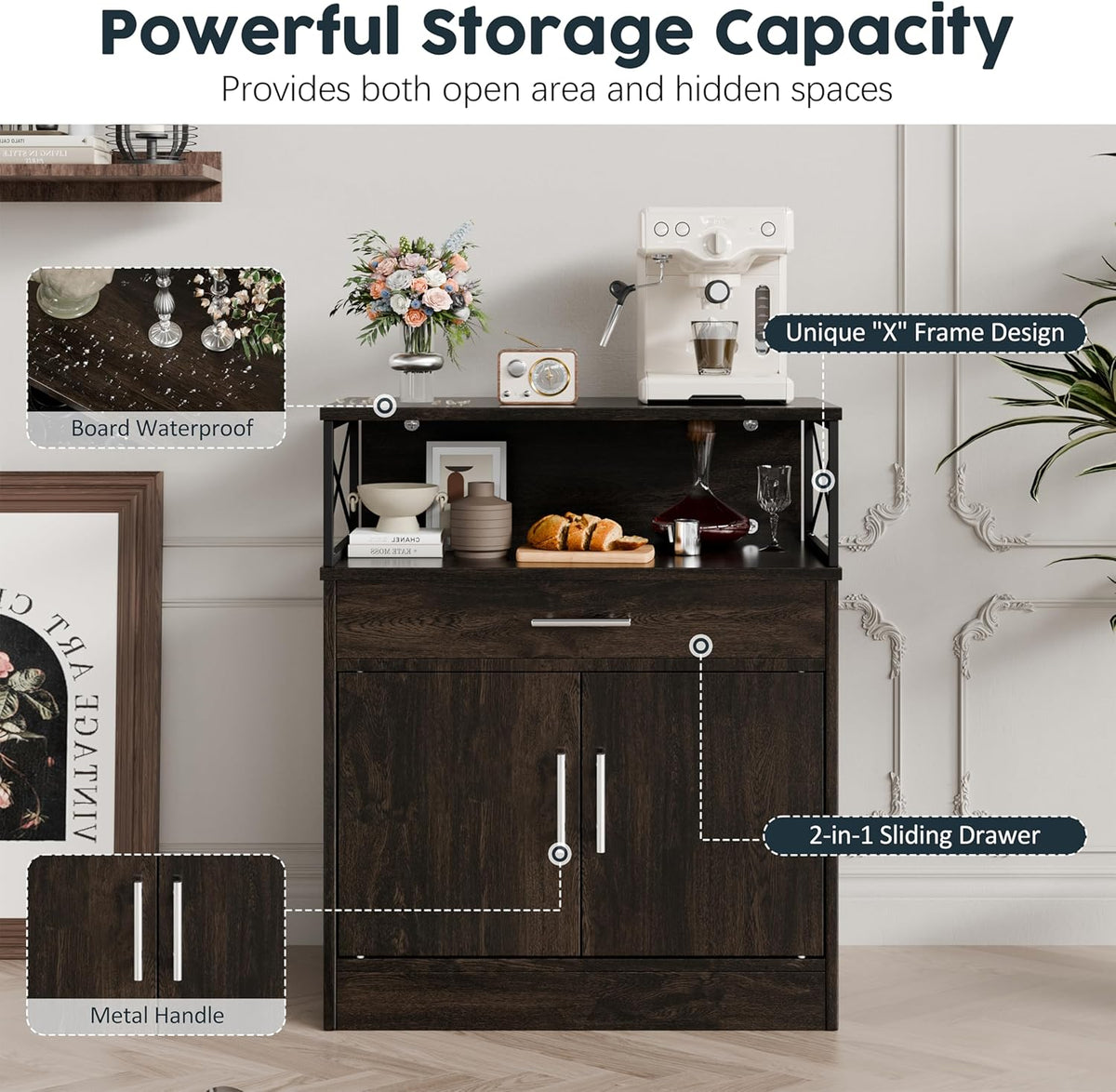 SUNLEI Kitchen Buffet Sideboard Cabinet, Storage Cabinets with 2 Doors and 1 Drawers, Open Storage & Adjustable Shelf, Farmhouse Coffee Bar Cabinet with Storages for Kitchen, Rustic Brown