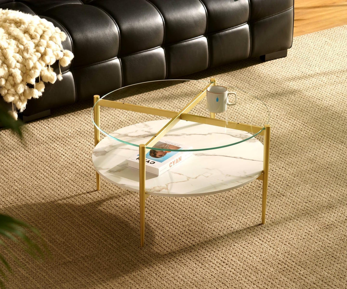 AGV LIGHTING 30' Round Glass Coffee Table,Mid-Century Modern Coffee Table for Living Room, Glod Finish Leg,2-Tier,Tempered Glass Top with White Marble MDF Shelf