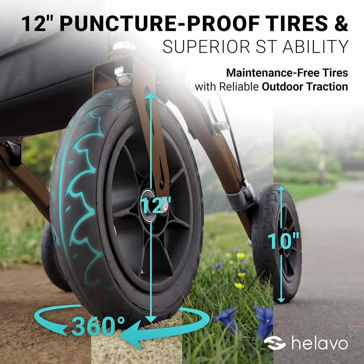 Helavo All Terrain Walker with Puncture-Proof, Flat-Free Solid Rubber Tires, 12' Wheels - Foldable Outdoor Walker for Seniors with Seat, Ergonomic Handles and Extra Padded Backrest