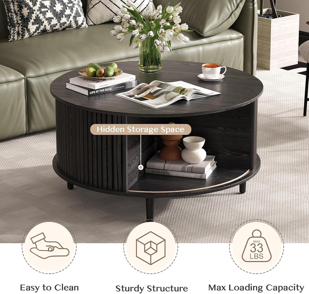 SULIVES Black Round Coffee Table with Storage, 31.5' Wood Drum Table, Fluted Circle Center Table for Living Room, Modern Mid Century Furniture with Sliding Door