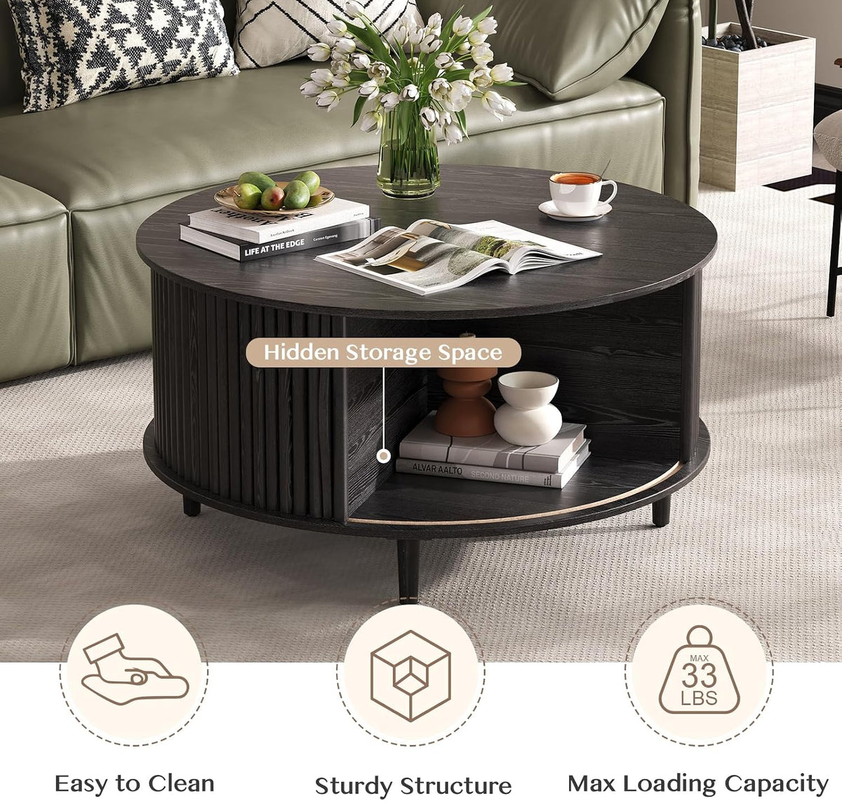 SULIVES Black Round Coffee Table with Storage, 31.5' Wood Drum Table, Fluted Circle Center Table for Living Room, Modern Mid Century Furniture with Sliding Door