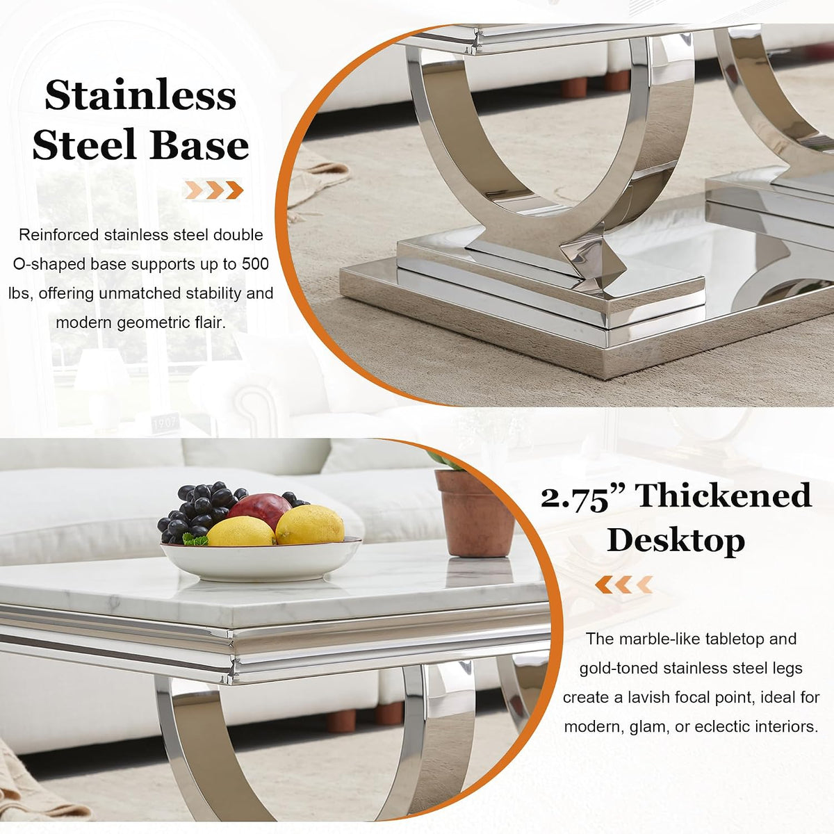 Luxury Marble Coffee Table, 47' Rectangle Coffee Table with Faux Marble Tabletop & Silver Stainless Steel Base, Modern Center Table for Living Room, Office