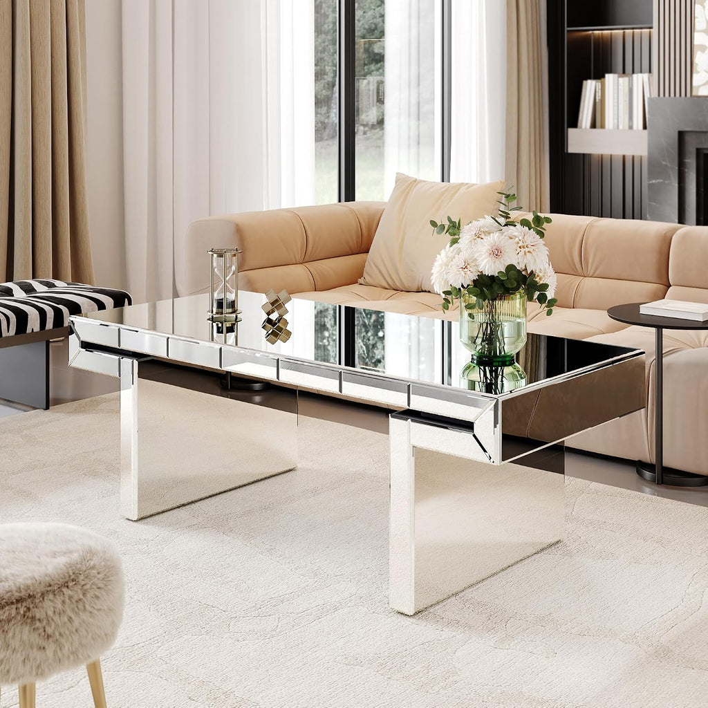 Modern Mirrored Coffee Table for Living Room Luxury Fluted Mirror Cocktail Center Table with Silver Finish 47' Rectangular Coffee Table for Home Office