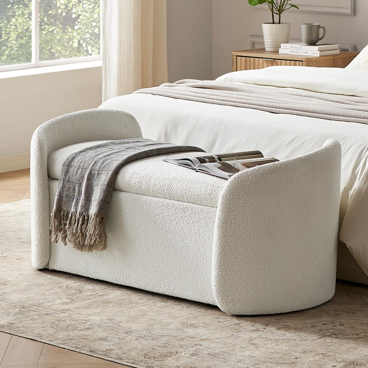 mopio Sophie 51' Ottoman Storage Bench, Entryway and Window Seating, End of Bed Curved Stool for King & Queen Bed, Storage Chest for Bedroom (Pearl White Boucle)