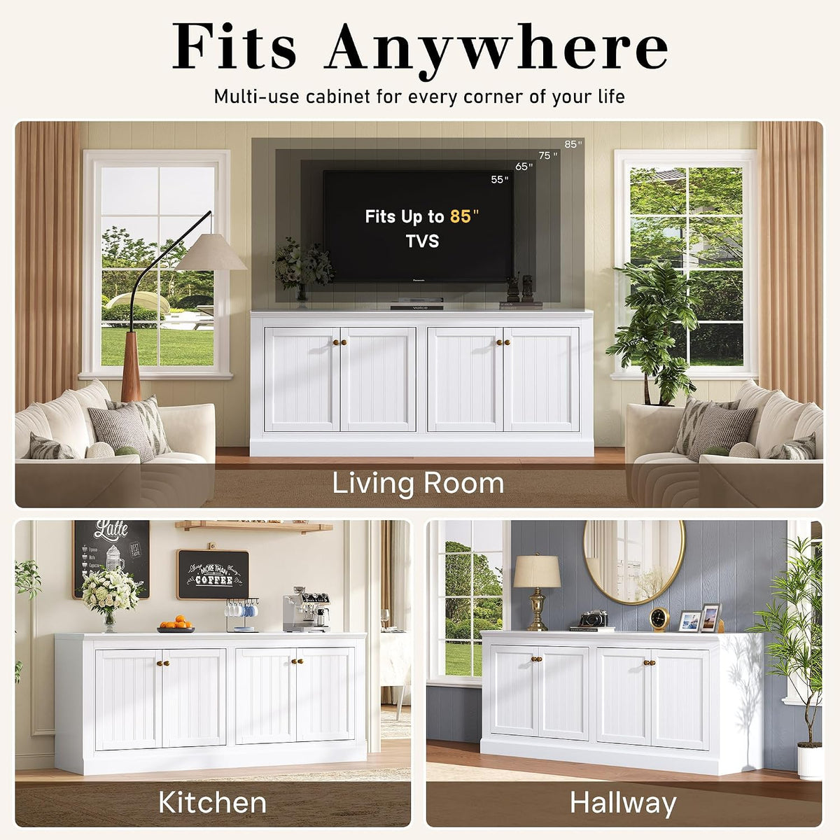 AMERLIFE 72' Farmhouse Sideboard Buffet Cabinet with Barn Doors, Storage Console Table with Adjustable Shelves, Coffee Bar/TV Stand for Living Room, Kitchen, Entryway, White