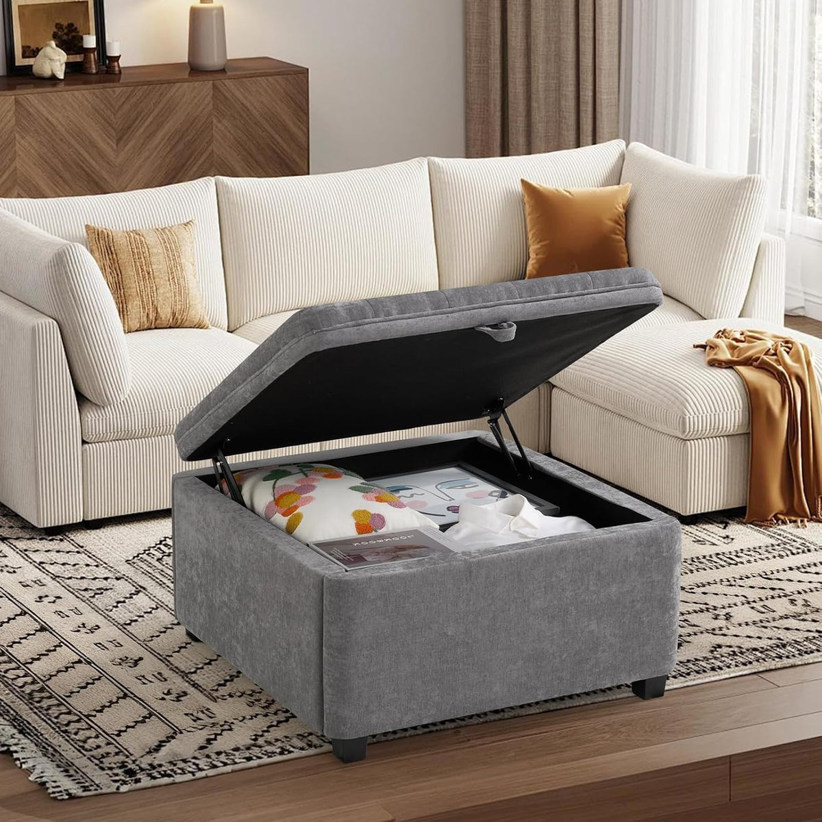 4-in-1 Storage Ottoman 30 Inch Large Hidden Storage Ottoman Foot Stool Square Ottoman Coffee Table with Soft-Close Hinge for Living Room (Gray)
