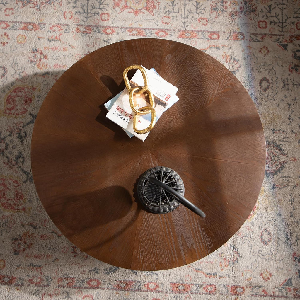 Round Coffee Table Wood Circle Modern Coffee Tables for Living Room Contemporary Fluted Center Wooden Drum Furniture Solid Wood for Apartment, Small Space No Need Assembly Ø 30.31',Walnut Brown