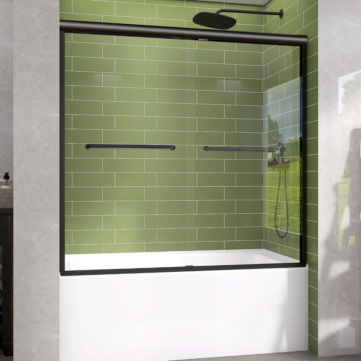 GETPRO Tub Shower Door Sliding 56-60 in. W x 58 in. H Semi-Frameless Bypass Double Sliding Bathroom Glass Tub Door,1/4 inch Clear Tempered Glass Bathtub Door Matte Black