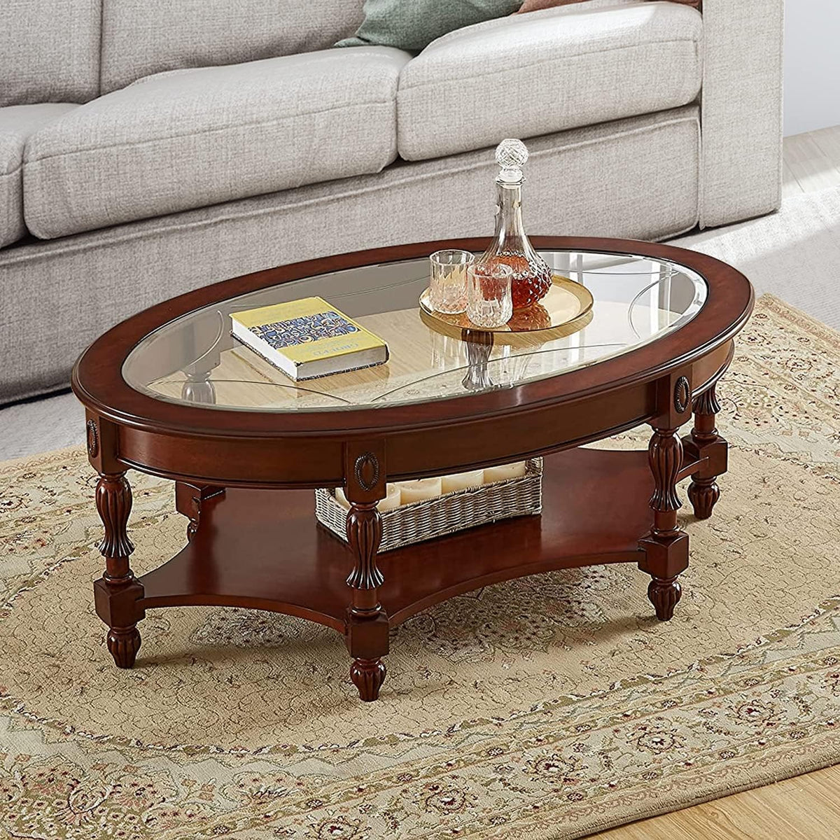Traditional Solid Wood Oval Coffee Table, 45' x 18' Cherry Walnut Finish with Tempered Glass Top & Vintage Carved Edge, Elegant Center Table for Living Room