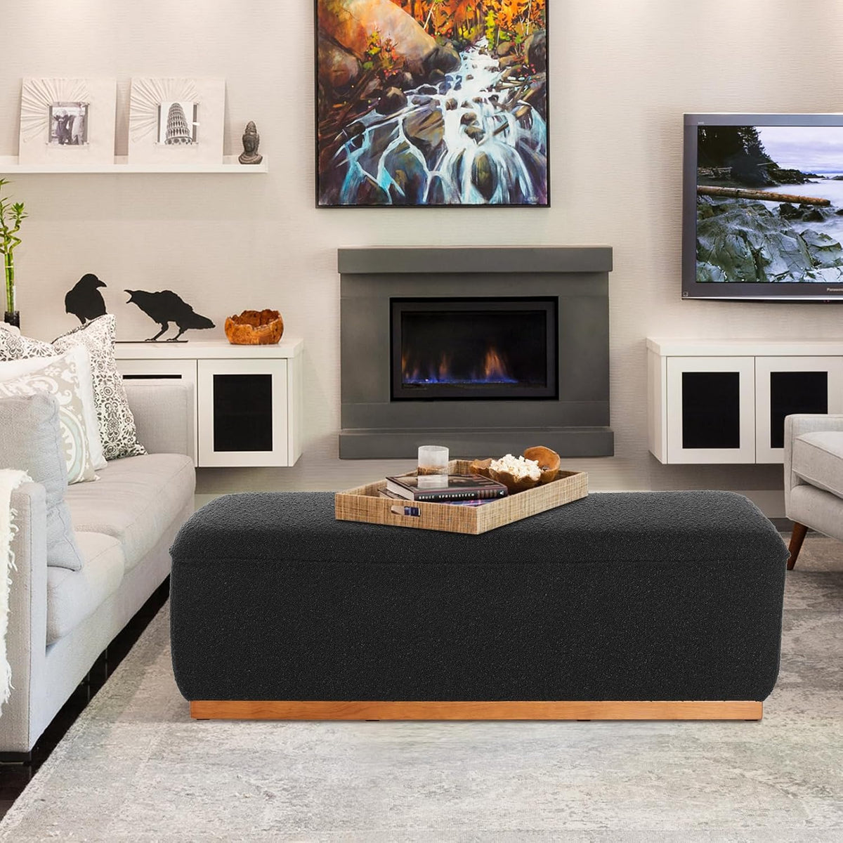 Rectangular Ottoman Coffee Table 30' Premium Fabric upholstered Coffee Table with high Density Foam and Solid Wood Frame, Stylish and Practical Living Room Furniture, Black