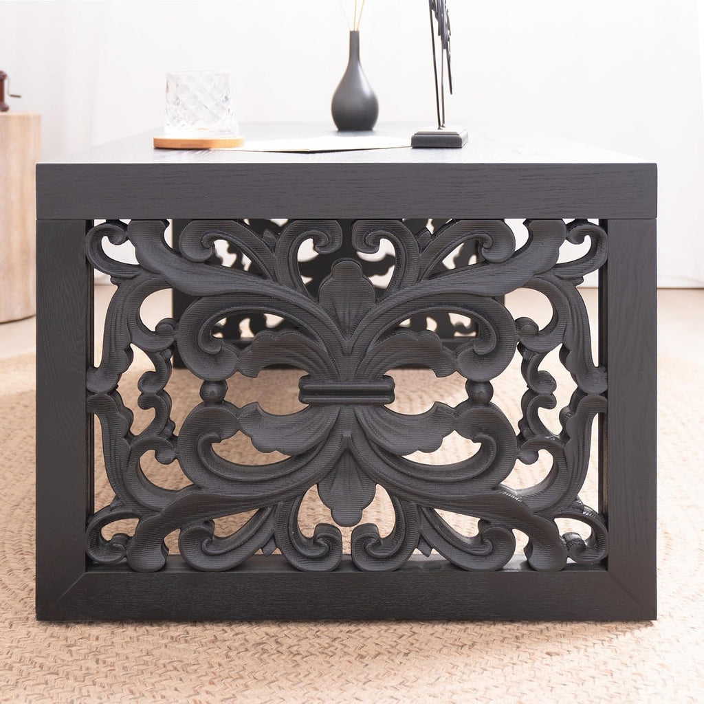 Rectangular Coffee Table with Handcrafted Ornate Side Panels, Rustic Center Table with Solid Wood Veneered, Farmhouse Tea Table for Living Room Office Apartment,47.2' L x 23.6' W x 17.9' H