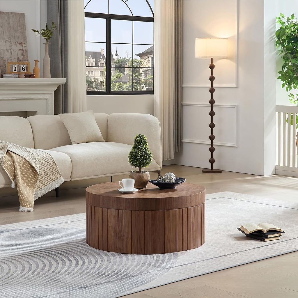 Modern Round Coffee Table with Storage, 31.49' Wooden Round Fluted Coffee Table, Circular Center Tables for Living Room Apartment, No Need Assembly, Walnut