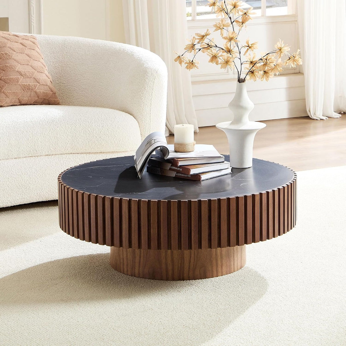 JUSTONE 35.43''Round Coffee Table,Modern Round Sintered Stone Tabletop Drum Coffee Table Luxury Circle Coffee Table for Apartment, Walnut