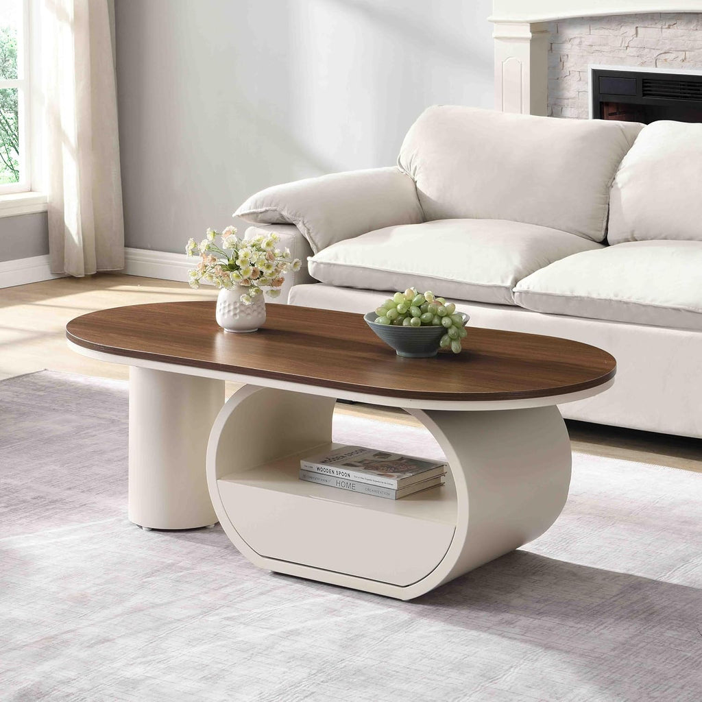 SSLine Modern Oval Coffee Table with Unique Pedestal Base Modern Walnut Top Coffee Table with Storage Drawer for Living Room Bedroom