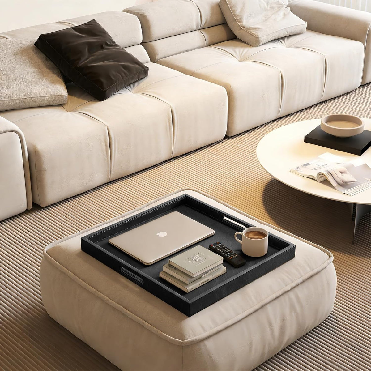 25 x 25 inches Leather Ottoman Serving Tray with Hole Handles, Square Large Modern Service Tray for Living Room, Coffee Table, Bed, Tea, Food, Butler Countertop, Kitchen, Dinner, Picnic (Black)