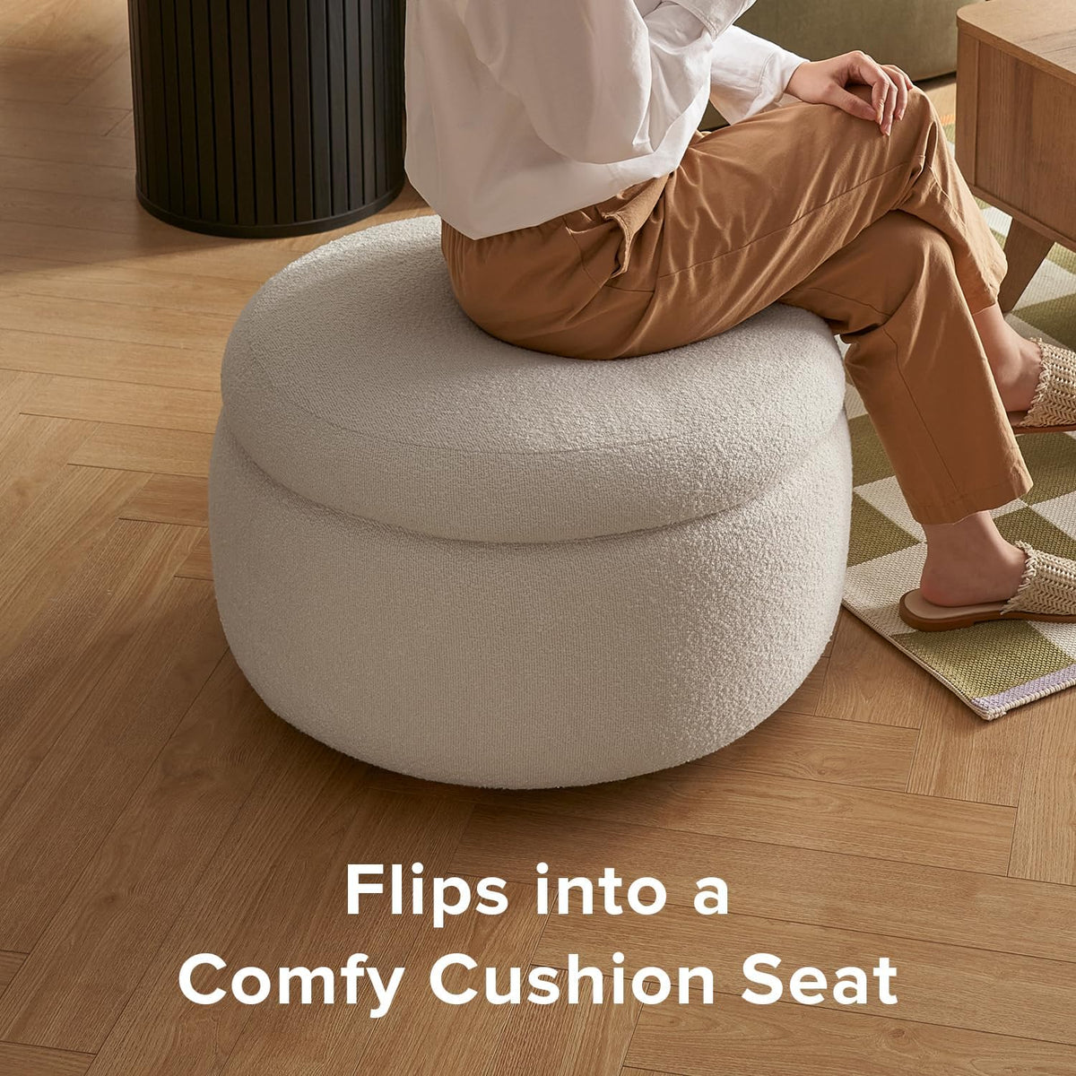 mopio Luna Round Ottoman with Storage and Tray, Round Coffee Table with Storage, Upholstered Foot Stools Ottoman for Living Room, Bedroom, with Solid Rubberwood Legs (Pearl White Performance Boucle)