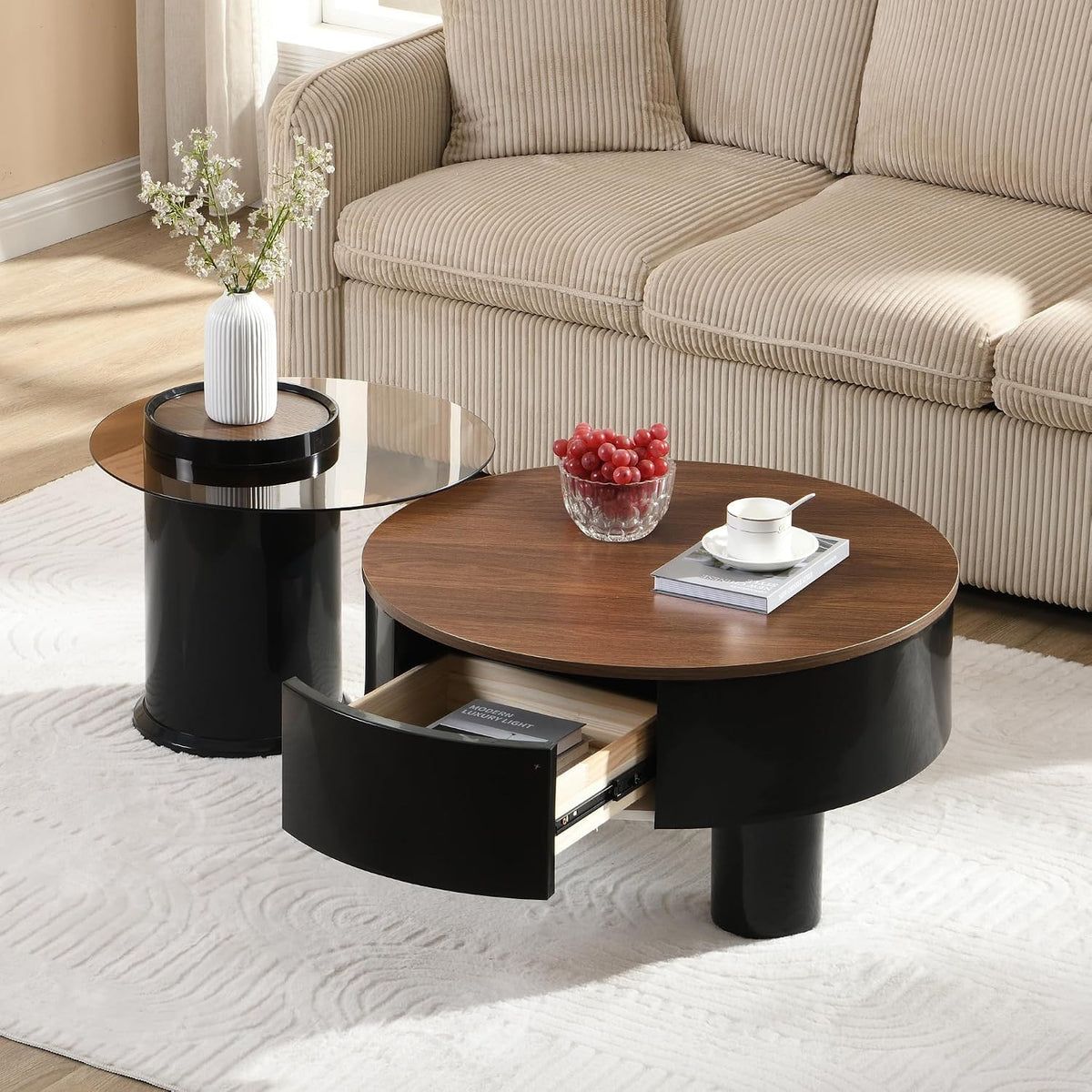 Modern Nesting Coffee Table Set of 2, 2-Piece Round Decorative Living Room Table Set with Brown Wooden Top and Black Plastic Base and 1 Drawer, Round Coffee Table and End Table Set