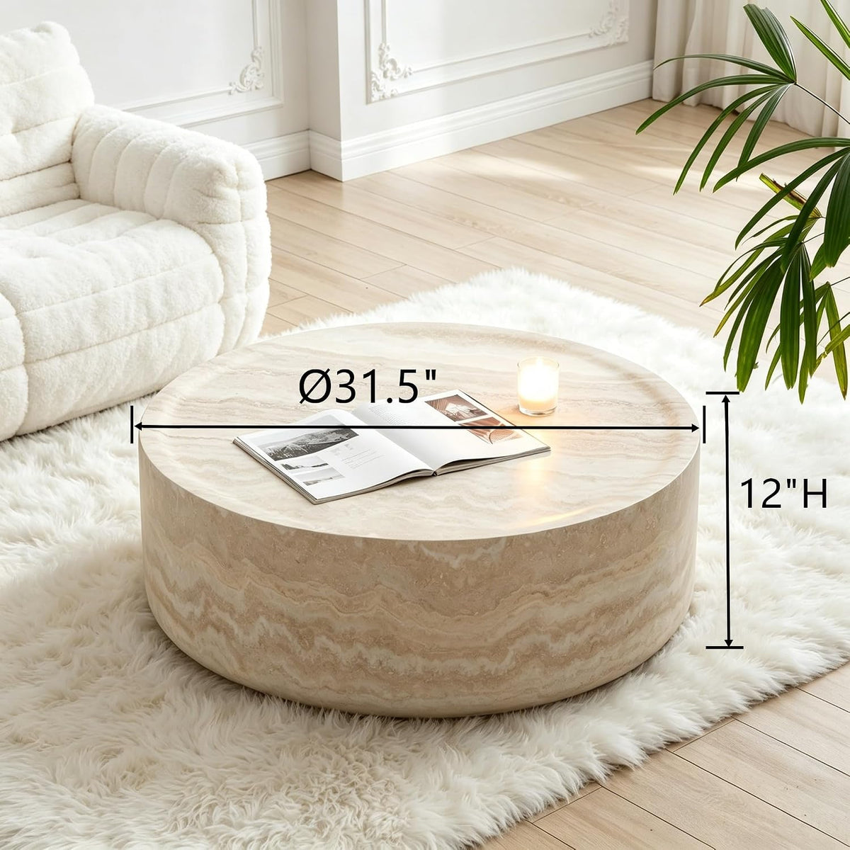 31 inch Round Coffee Table Marble Faux Pattern for Living Room Small Modern Stone Low Coffee Tables Drum Center Apartment No Assembly Required