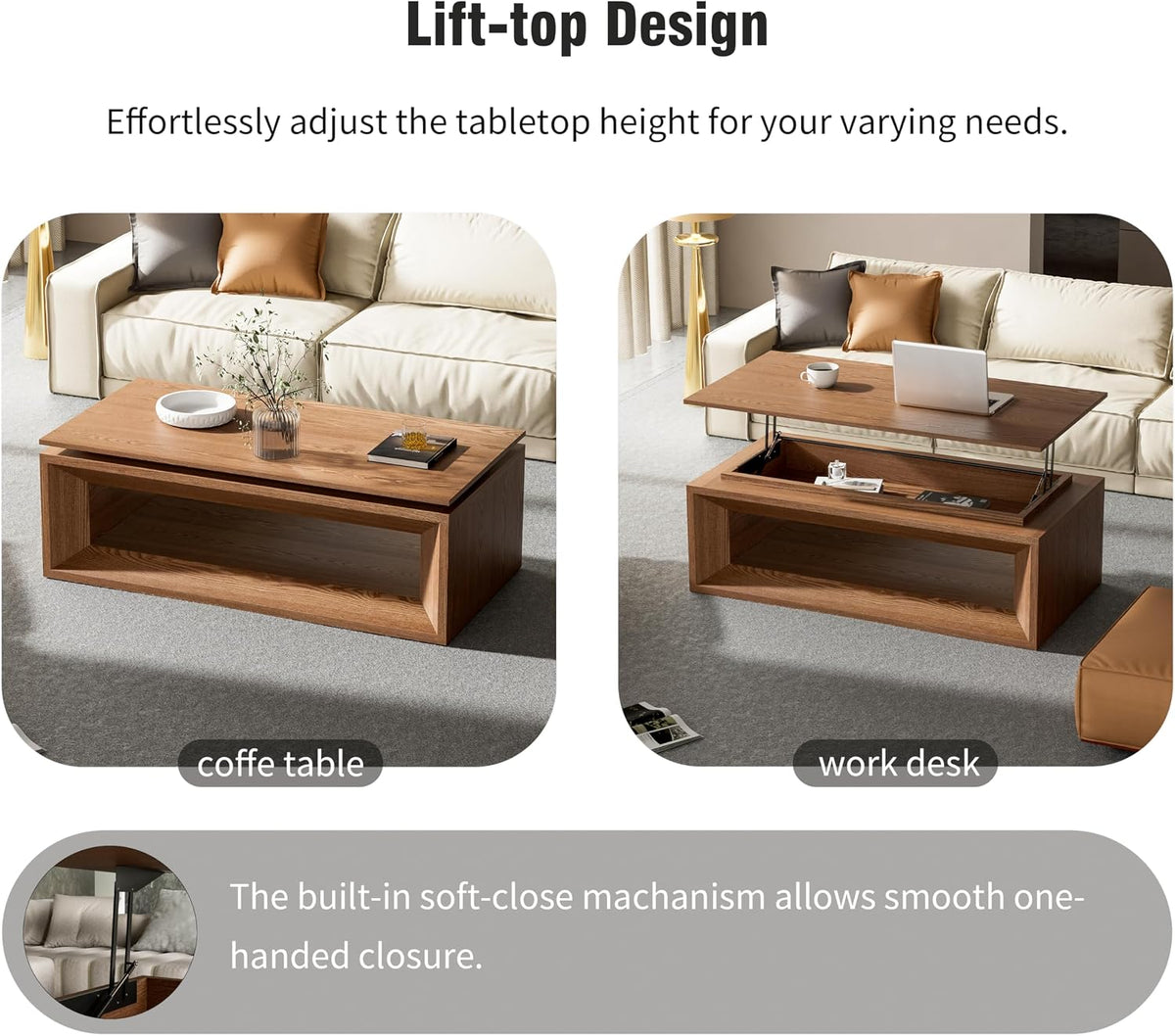 43.3'' Lift Top Coffee Table with Hidden Storage, Solid Wood Veneer Modern Center Table with Hydraulic Gas Spring, Floating Surface Tea Table for Living Room (43.3'' Walnut Lift-Top Coffee Table)