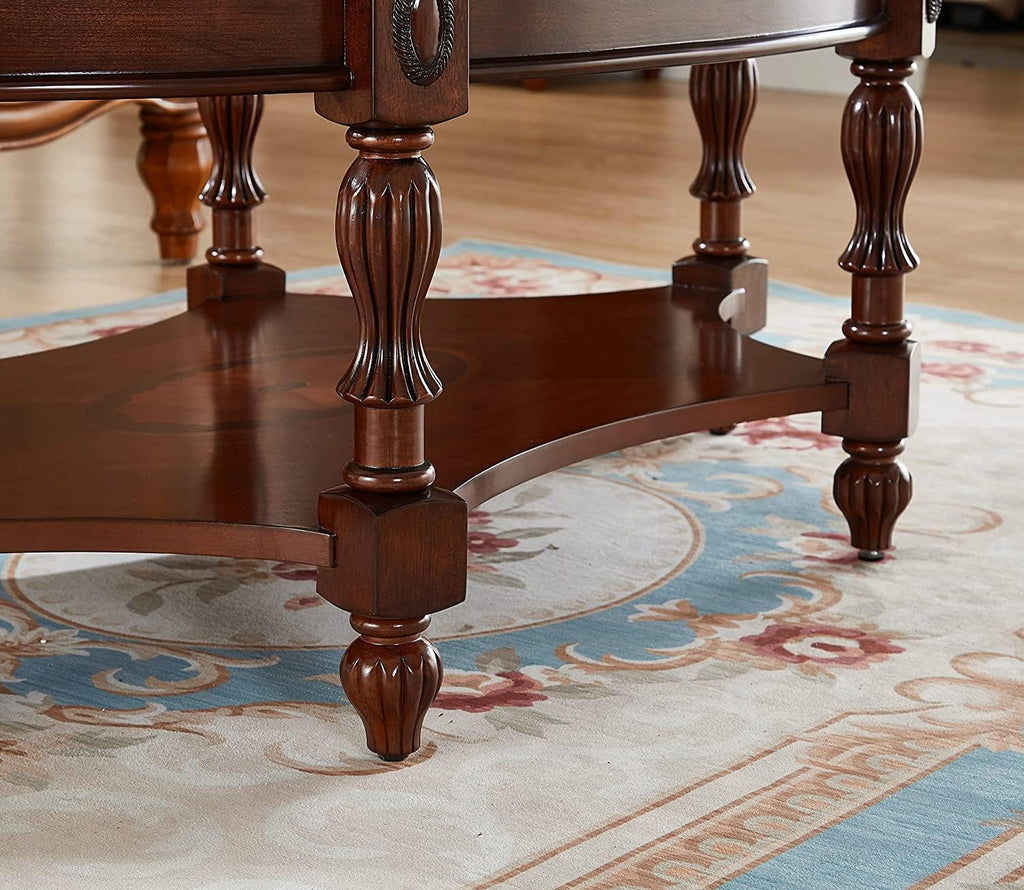 Solid Wood Oval Coffee Table with Tempered Glass Top, Vintage Carved Edge Center Table, 45' x 18', Cherry Walnut Finish for Living Room