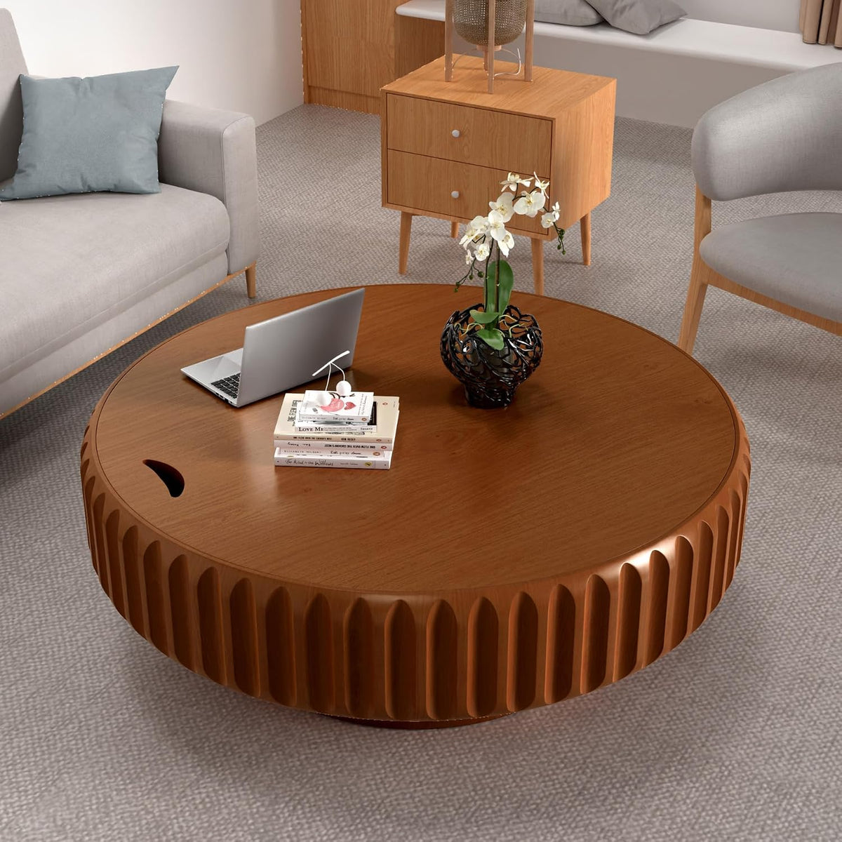 Round Coffee Tables with Storage Fluted Drum Coffee Table with Solid Wood Relief, Modern Circle Wooden Coffee Tables Brown Center Table Accent Tea Table for Living Room Apartment (Round 39.37'')