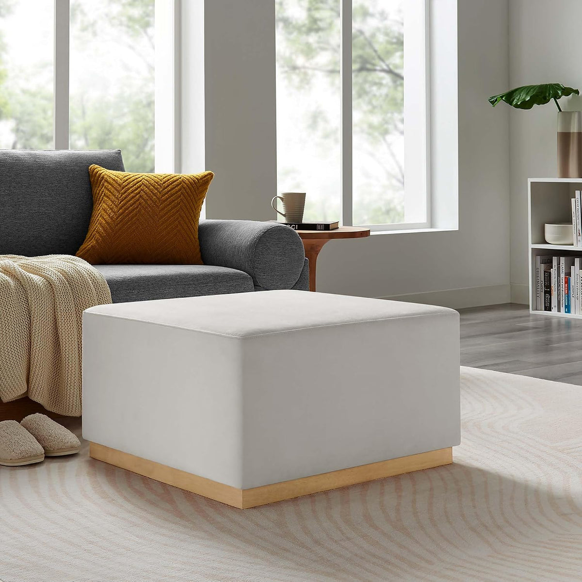 Modway Tilden 28 Inch Square Performance Velvet Upholstered Ottoman in Alabaster Natural - Large Ottoman Foot Rest with Rubberwood Plinth Base, Living Room Ottoman Coffee Table - Velvet Ottoman Table